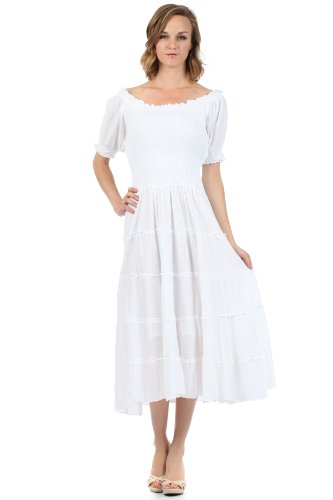 Image of Sakkas Cotton Crepe Smocked Peasant Gypsy Boho Renaissance Mid Length Dress