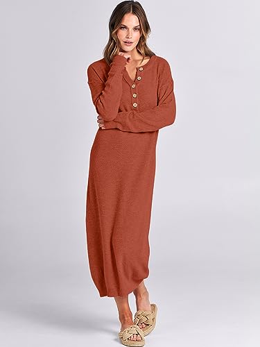 Image of ANRABESS Women Long Sleeve Button V Neck Oversized Casual Loose Fit Waffle Knit Fall Midi Sweater Dress 2026 Trendy Outfits