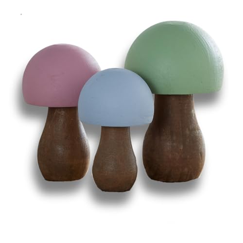 Wood Mushrooms, set of 3, sky blue, custom colors,charming nature inspired gift, cottagecore, wooden mushrooms, whimsy, home decor, hand painted, (Pastel Paint 3)