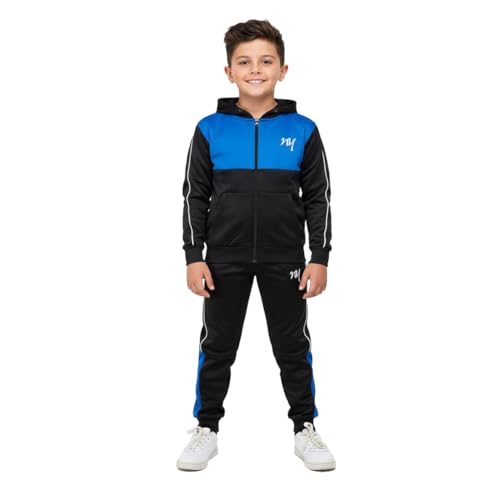 SKT Boys Tracksuit Hooded Hoodie Bottom Jogging Suit Joggers Kids Age 7-13 Years (Black/Blue, 11-12 Years)