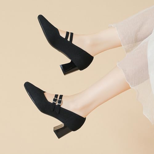 Women's Pumps Chunky Heels Pointed Toe Knit Comfortable Casual Work Office Dress Shoes3