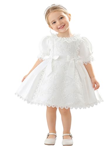 Miutii Vestido Fiesta Baby Mädchen Recién Nacida Vestido Niña con Flores Baile Boda Bautizo Iglesia Traje Invitado Boda Elegante Blanco 12-18 Meses