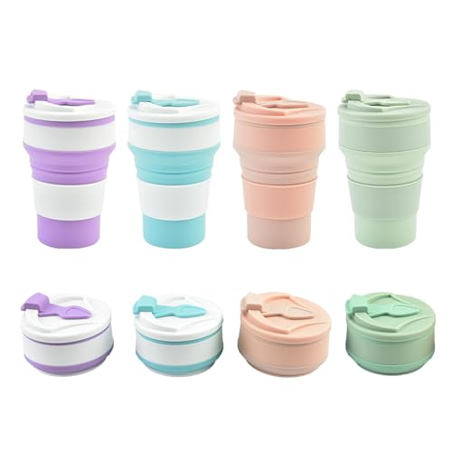 JIELUO 4-Pack Collapsible Cup Reusable – 12oz Silicone Foldable Portable Travel Water Bottle, Folding Lightweight Reusable Leakproof for Traveling
