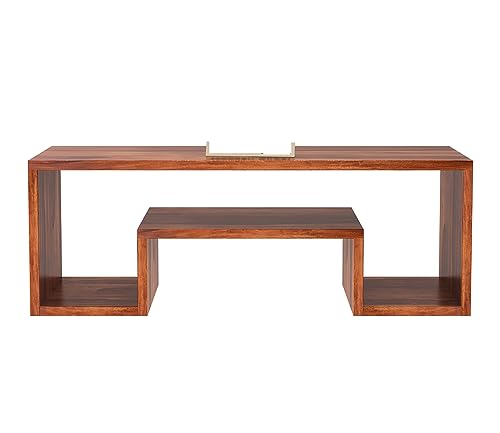 Image of Furniture Premium Sheesham Wood TV Unit with 3-Shelf Storage - Accommodates Up to 43-Inch TV - Ideal for Living Room Decor (Myles, Honey Finish)