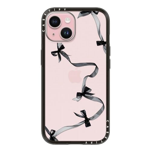 CASETiFY �R���p�N�g iPhone 15 �P�[�X [���^�y��/�ϏՌ�/�ČRMIL�K�i] - Black Organza Ribbons - �N���A �u���b�N