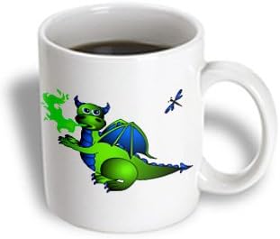 Miniatura 2 de 3dRose mug_24665_2 Taza de cerámica con dragón y libélula que respira fuego verde y azul, 15 onzas