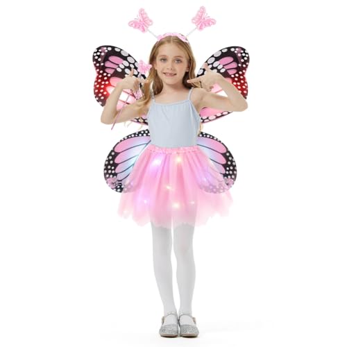 Alaoo Disfraz de Hada para Niñas,4 Piezas Alas de Mariposa Hada,LED Vestido de Tutú con Alas de Mariposa,Varita Mágica y Diadema para Cosplay, Regalo para Halloween,Cumpleaños o Carnaval