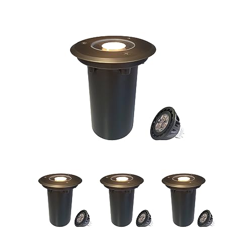 COLOER Die-cast Brass Top In-Ground Well Lights 4-Pack with Bulb,5W 2700K Warm White Outdoor LED Outdoor Low Voltage Pathway Lights,IP65 Waterproof Landscape Lighting(303B)