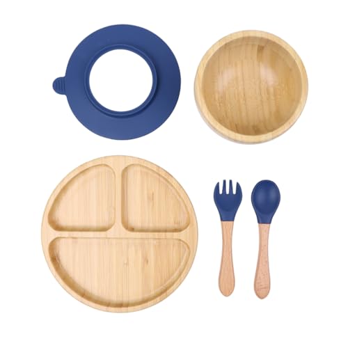 KhaNoor Bamboo Toddler Plate & Bowl Set with Strong Suction Includes Plate Bowl Spoon & Fork Baby Plates with Suction for Baby Led Weaning Kids Feeding Essentials Non-Toxic & BPA Free