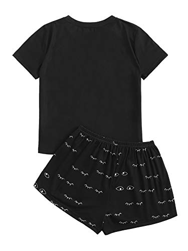 Wdirara Women's Cute Cartoon Print Closed Eyes Print Tee And Shorts Pajama Set Black L #TOP1