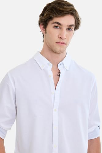 Image of SNITCH Men Smart Casual Shirt | Regular Fit Full Sleeve Button-Down Collar Solid Style | Breathable Cotton Linen Blend & Lightweight Fabric for Office