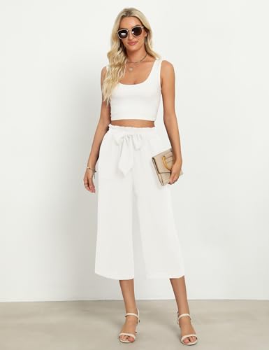 Women's Wide Leg Capris Pants, High Waist Casual Lounge Pants with Adjustable Tie - Solid Color4