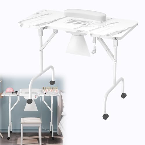 HENGMEI Maniküretisch Faltbar Nageltisch mit Absaugung Mobiler Maniküre Einbau Staubabsaugung Tragbaresmanikürtisch Mobilesmanikürtisch Tisch mit Rollen und Handgelenkkissen, Weiß