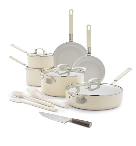 GreenPan x Bobby Flay 13 Piece Cookware Pots and Pans Set and 8" Chef's Knife. PFAS & PFOA-Free Ceramic Nonstick, Induction Suitable, Stay-Cool Silicone Handle, Dishwasher & Oven Safe, Cream