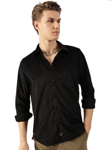 Image of Thomas Scott Men's | Solid | Textured Fabric | Full Sleeve | Slim Fit | Polyester-Blend | Spread Collar | Casual Shirt