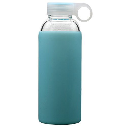 Bonison Durable Glass Water Bottle with Soft Colorful Silicone Sleeve Handle Lid (Blue, 14oz)