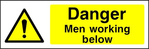 Image of PROFILESIGNS.CO Danger Men Working Below Sign - BS EN ISO 7010:2020 - Self-Adhesive Vinyl, Rigid PVC, Aluminium - 300x100mm, 450x150mm, 600x200mm