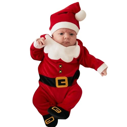 Generisch Mono de forro polar para bebé recién nacido, traje de Navidad, mono de Papá Noel, conjunto de gorro, rojo, 0-3 meses