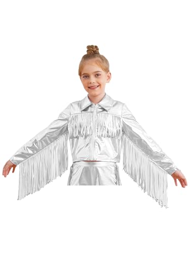 Kids Girls Tassel Metallic Jacket Long Sleeve Zipper Shiny Holographic Fringe Jacket for Birthday Party