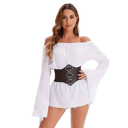 Velcoxplay blusa gótica para mujer, renacentista, hombros descubiertos, mangas de trompeta, victoriana con volantes, manga larga, medieval con corsé cintura