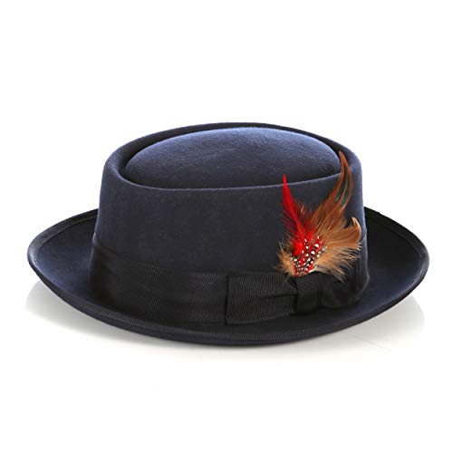 Image of Ferrecci Navy Wool Felt Porkpie Hat with Grosgrain Ribbon and Removable Feather - Unisex, Men, Women (Medium)