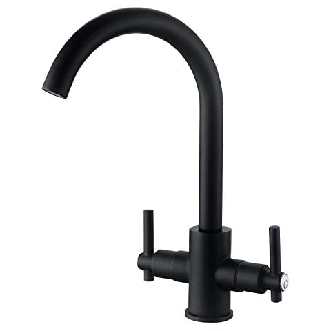 Funime® Black Kitchen Sink Taps Mixers Dual Lever Monobloc Swivel Spout Matt Black Kitchen Taps Mixer 1 Hole Twin Lever Kitchen Faucet Hot Cold Water Mixer Cover
