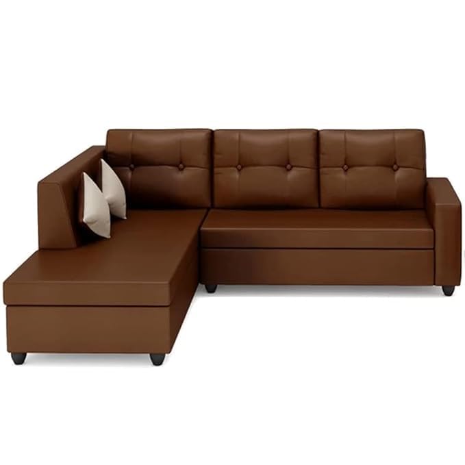 Image of FURNY Nathanie 4 Seater Leatherette LHS L Shape Sofa Set (Left Facing-Brown) | Durable Comfort | Modern Design | Ideal for Living Room