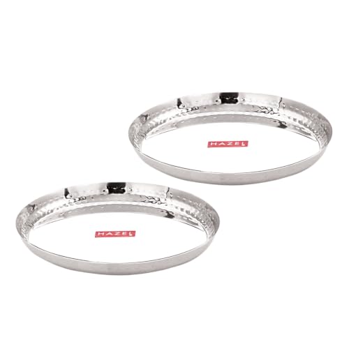 Image of HAZEL Stainless Steel Lunch Plate, Set of 2, 23cm | Hammered Thali Plate
