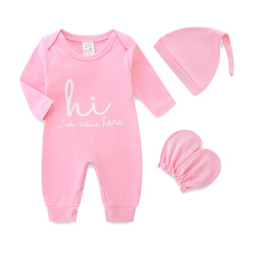 Image of Bibimom Newborn Baby Romper Cotton Coming Home Outfits Hi Im New Here with Hat Gloves Long Sleeve Solid Onesie