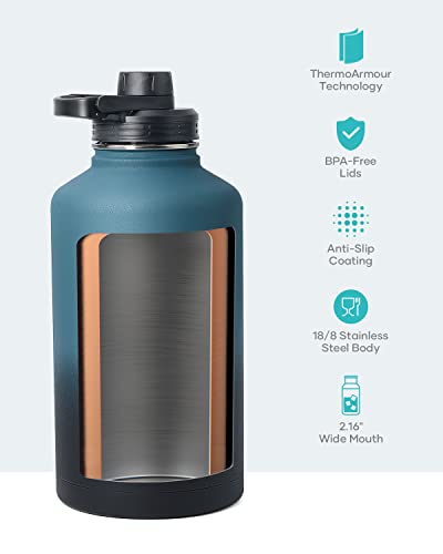 Buzio Insulated Water Bottle 64 Oz With Straw Lid (3 Lids), 64Oz Stainless Steel Water Bottle Half Gallon Jug Flask, Double Wall Vacuum Sports Thermo Mug, Cold Hot Hydro Metal Canteen, Indigo Black #TOP3