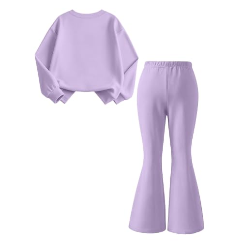 XINGJIAARTS Girls Sweatsuit 2 Piece Fleece Crewneck Sweatshirt and Flare High Waisted Sweatpants Tracksuit Set Fall Outfits Purple 13 Years - image 2