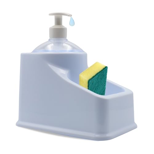 Organizador Fregadero con Dosificador, Soporte de Esponja para Fregadero, Guarda Estropajo de Cocina, Organizador Fregadero de Cocina, 18 cm Longitud, Incluye Dosificador, Blanco