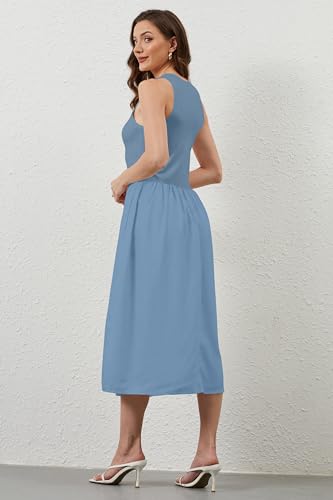 Image of TERIVEEK Women Summer Sleeveless Midi Dress Casual High Neck Patchwork Tank Sundress Boho Flowy A Line Dress with Pockets Blue