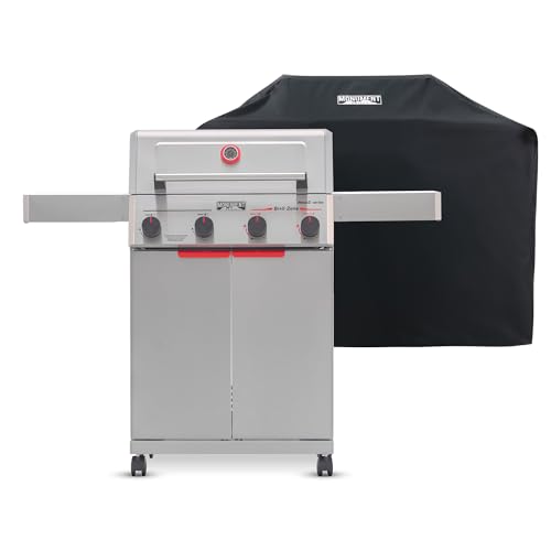 Image of Monument Grills 4 Burner Stainless Steel Propane Mesa 2 Gas Grill, 500F in 5 Mins, 525 sq.in, 37,000 BTU, Broil Zone, Foldable Side Shelves, Knob Controls, Built in Thermometer, with Grill Cover