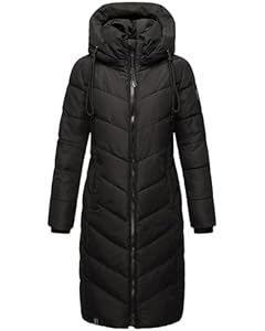 Navahoo Damen Wintermantel Warmer Langer Steppmantel mit Abnehmbarer Kapuze Sahnekatzii XIV Black Gr. M