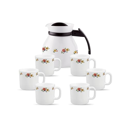 Image of La Opala Novo Collection Opal Glass Crockery | Coffee Set 7 pcs | Coffee Mug with Coffee Pot, Petite Roses | for Tea & Coffee | Microwave Safe | 100% Vegetarian | Extra Strong | Light & White