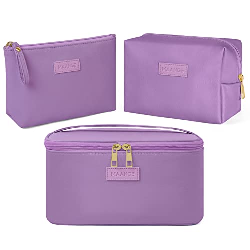 MAANGE 3 Stück Kosmetiktaschen (L+M+S), PU Leder Schminktasche für Damen Tragbare Reise Kosmetiktasche Kleine Make Up Tasche mit Fächern, Lila