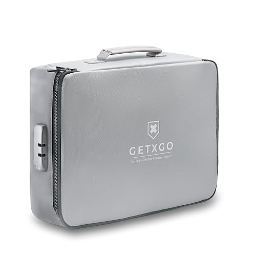 GETXGO Fireproof Document Box - UL 94 V-0 & NFPA 701 | 1832F SGS Certified | Water-Resistant Emergency Box with Secured Lock | Silicone Coated Fiberglass