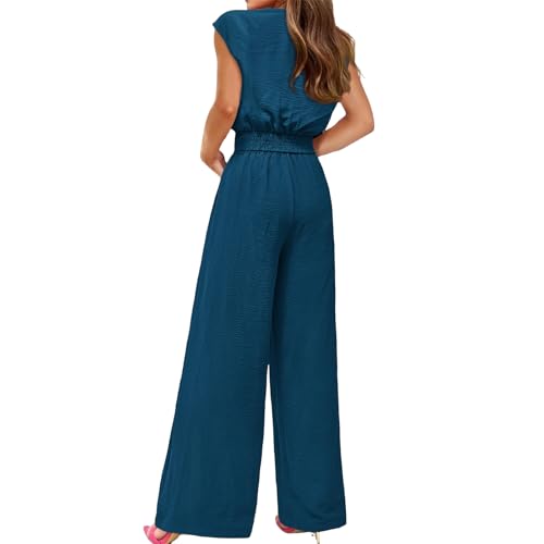 Women's Summer 2 Piece Outfits Cap Sleeve V Neck Belted Crop Tops Wide Leg Pant Sets Travel Vacation Outfits Tracksuit3