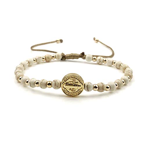 St Benedict Coin and Natural Round Red Coral Beads Adjustable Bracelet for Women