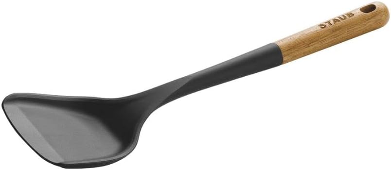 Silicone Wok Turner, Black, 12.2 Inch, Oval Shape, Wood Handle