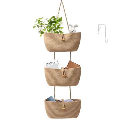 Image of TeoKJ 3-Tier Cotton Rope Baskets with Button Strap Over the Door Wall Hanging Baskets for Nursery, Living Room, Bathroom, Door Storage Organizer for Decoration-Jute