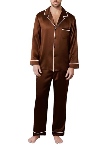 Image of Lonxu Pajamas Set Mens Silk Satin Pajamas Long Sleeve Loungewear Two-Piece Sleepwear Button-Down Pj Set S-XXXXL