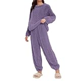 Pijama cálido para mujer de invierno para dormir, pijama de forro polar, conjunto de dos piezas, cuello redondo, manga larga, pijama de peluche, traje térmico, Lila1, XXL