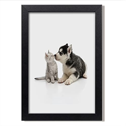Tableau chien et chat dans un cadre en bois moderne pour décorer votre salon