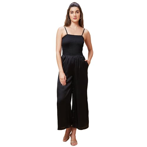 Image of Globus Women Blue Solid Smocked Strappy Party Jumpsuit-3639654001
