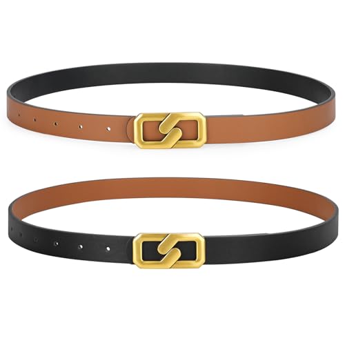 SANSTHS Fashion Women Reversible Belts for Dresses Jeans Pants, Two-in-one Skinny Belt for Women with Gold Buckle, S