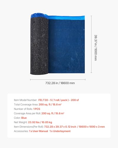 Image of VEVOR Floor Underlayment 200 sq. ft /Roll, 3 mm Thick Laminate Flooring Padding with Attached Vapor Barrier, Heavy Duty Fiber + PE Film, Soundproofing & Noise Reduction, Ideal for Laminate Wood