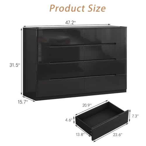 Image of Black Dresser for Bedroom, 47.2 inch Wide 8 Drawer Dresser, Modern High Gloss Dresser Chest of Drawers, Wooden Dressers Organizer for Bedroom, Closet