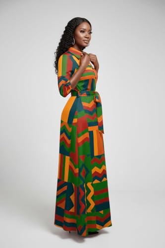 Image of Runwind Women Church Maxi Dresses 3 /4 Sleeve Button Down Print Casual Office Dress African